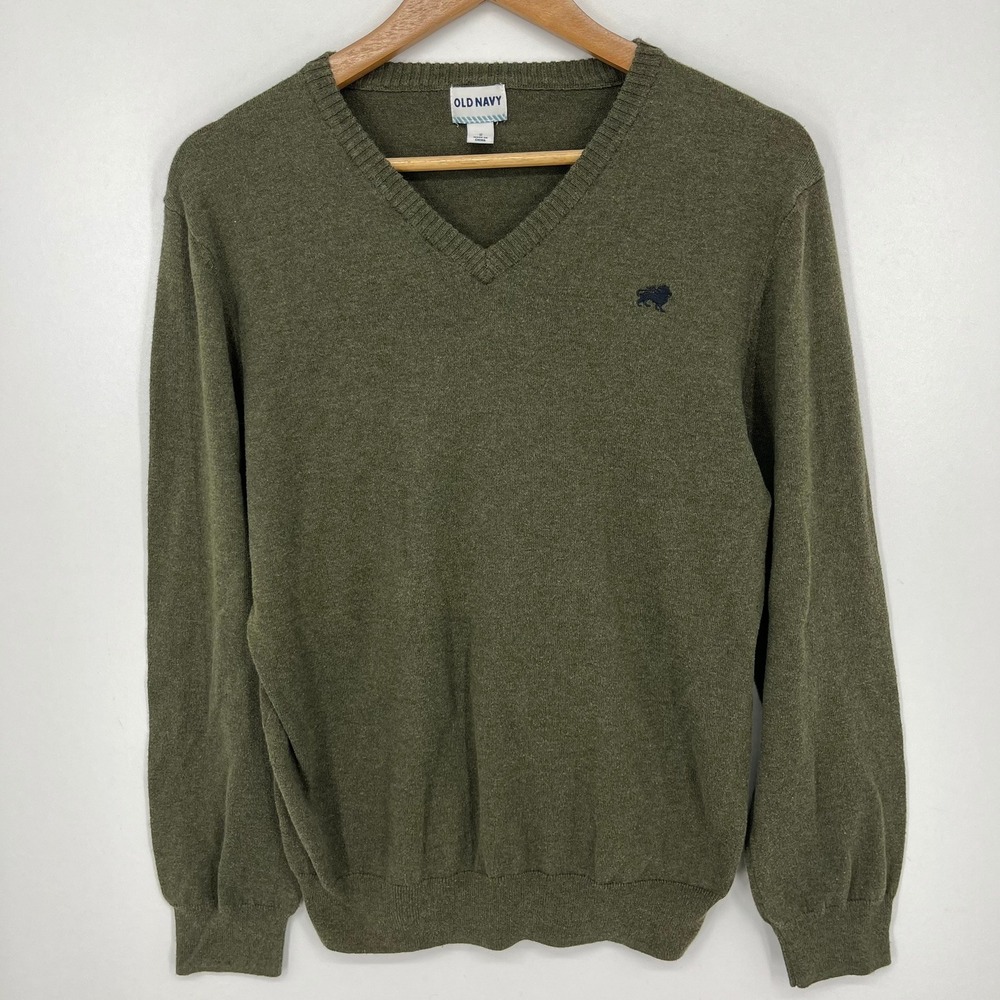 Old Navy Mens V-Neck Sweater Olive Green Lion Logo Size M Cotton Blend
